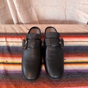 Naot Black Leather Mules with Buckle